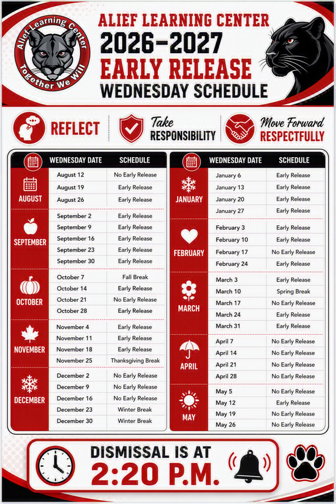 Poster showing the 2026-2027 Early Release Wednesday schedule for the Alief Learning Center.