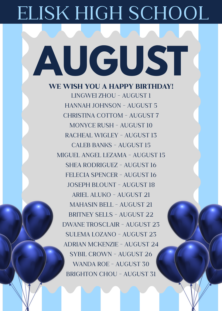 White and blue striped background with a list of names and August birthdays. Names and dates are above navy blue balloons.