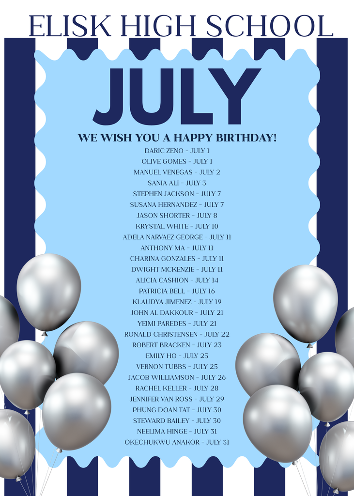 Blue and white banner with "Elisk High School July" at top. Names and birthdays listed. Floating silver balloons.