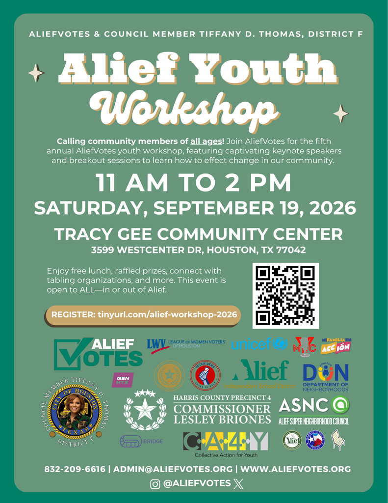 Poster for the Alief Youth Workshop, featuring a green background with event details, QR code, and logos of involved organizations.