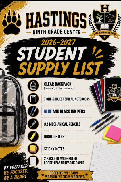 A poster lists school supplies for students. It includes items like a backpack, notebooks, pens, pencils, and sticky notes.
