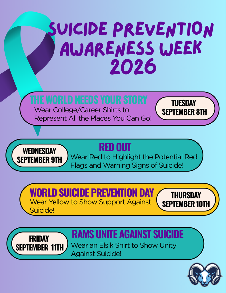 Teal ribbon. Weeks for Suicide Prevention Awareness 2026. Each day has an event. Yellow, red, and purple colors.