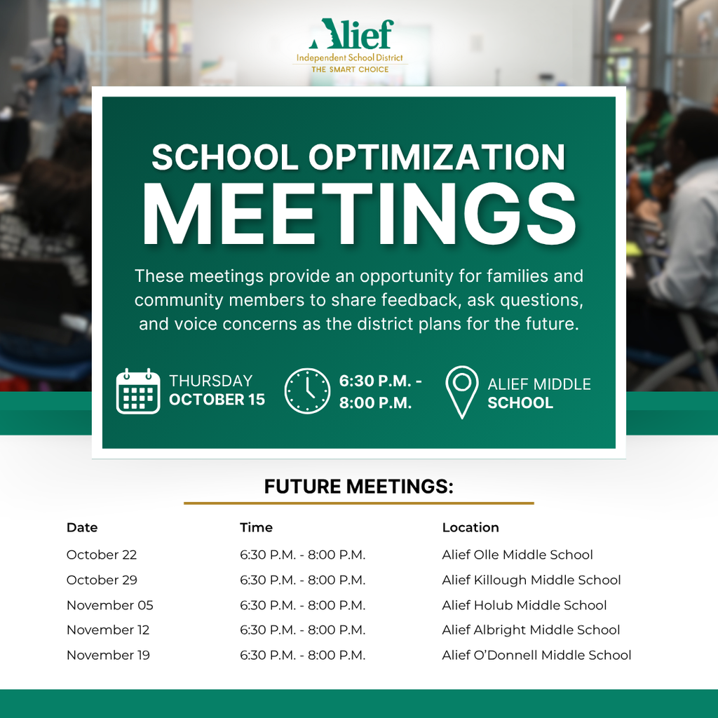 Poster for school optimization meetings with a green background. Dates, times, and locations are listed.