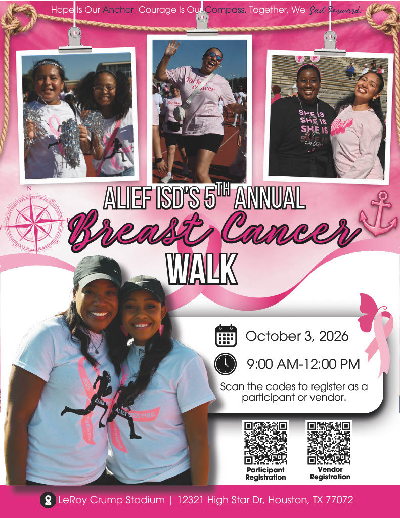 Pink background with multiple photos of smiling women. Text: "Alief ISD's 5th Annual Breast Cancer Walk". Dates and times below.