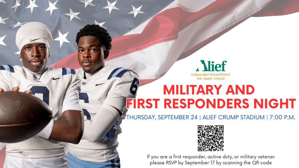 Two football players stand before a backdrop of the US flag. The player on the left holds a football.