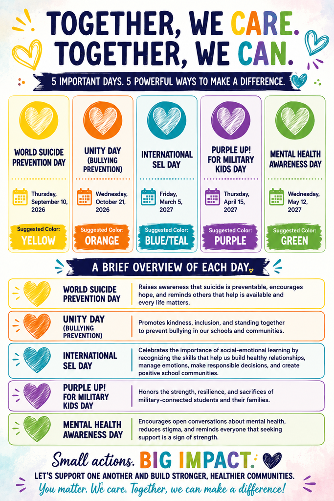 Bright and colorful poster with key dates and significance for World Suicide Prevention Day, Unity Day, International Self-Care Day, Purple Up for Military Kids Day, and Mental Health Awareness Day.