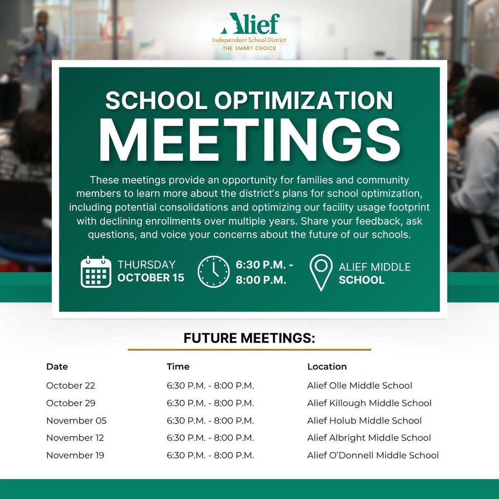 An announcement for school optimization meetings with details about dates and times for future meetings.