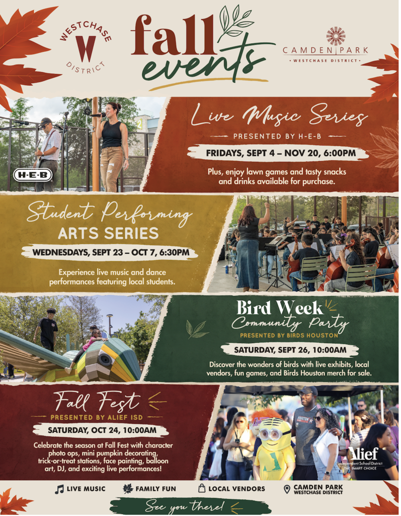 An event flyer features four sections with various events. It includes music series, student performing arts, bird week, and fall fest.