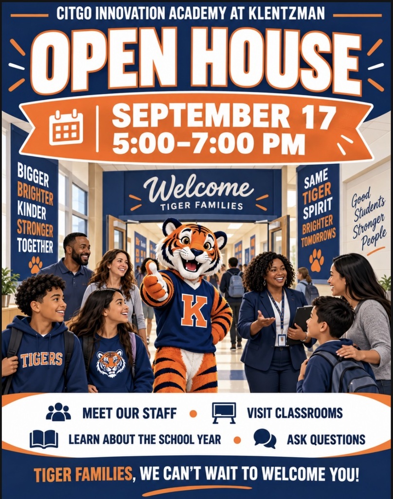 An invitation to an open house with a tiger mascot and people in a school corridor.