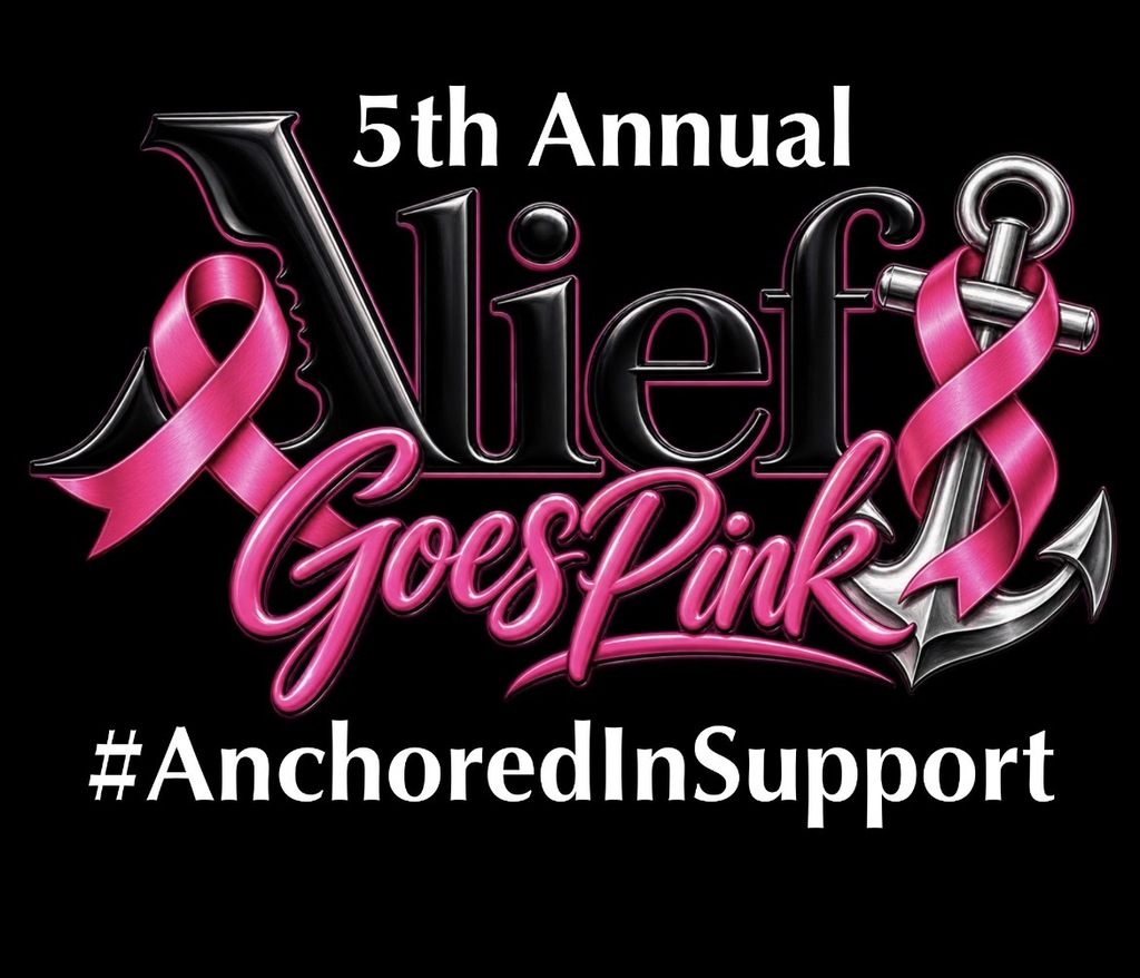 Black background with pink and silver text. Text reads: "5th Annual Life Goes Pink #AnchoredInSupport". Pink ribbon and silver anchor logo.