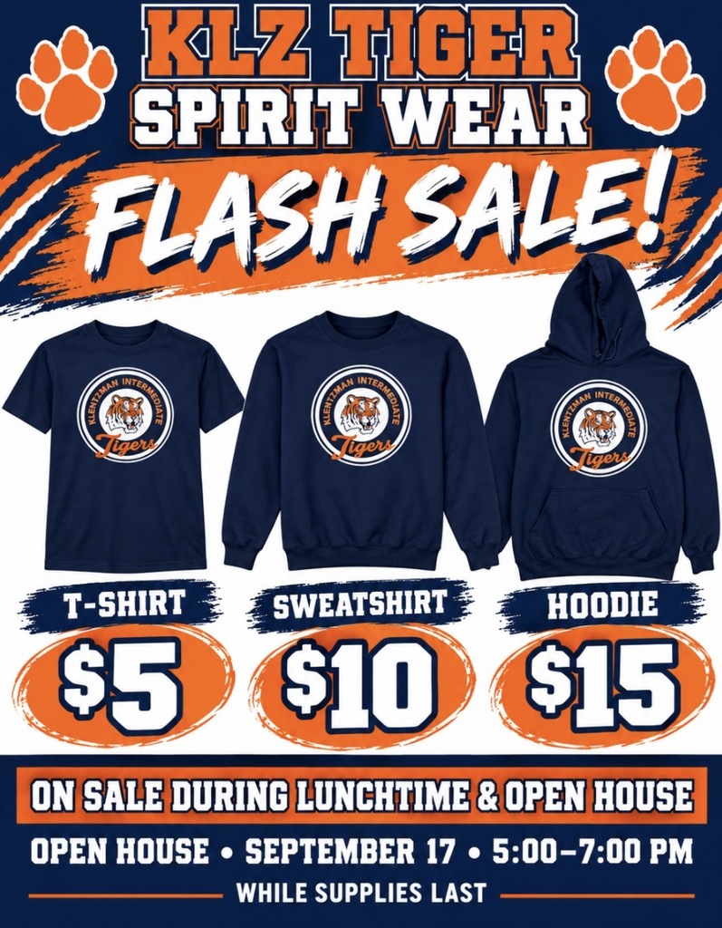 An advertisement poster for Klz Tiger Spirit Wear Flash Sale. Three navy blue clothing items displayed: t-shirt, sweatshirt, hoodie. Prices are $5, $10, $15.