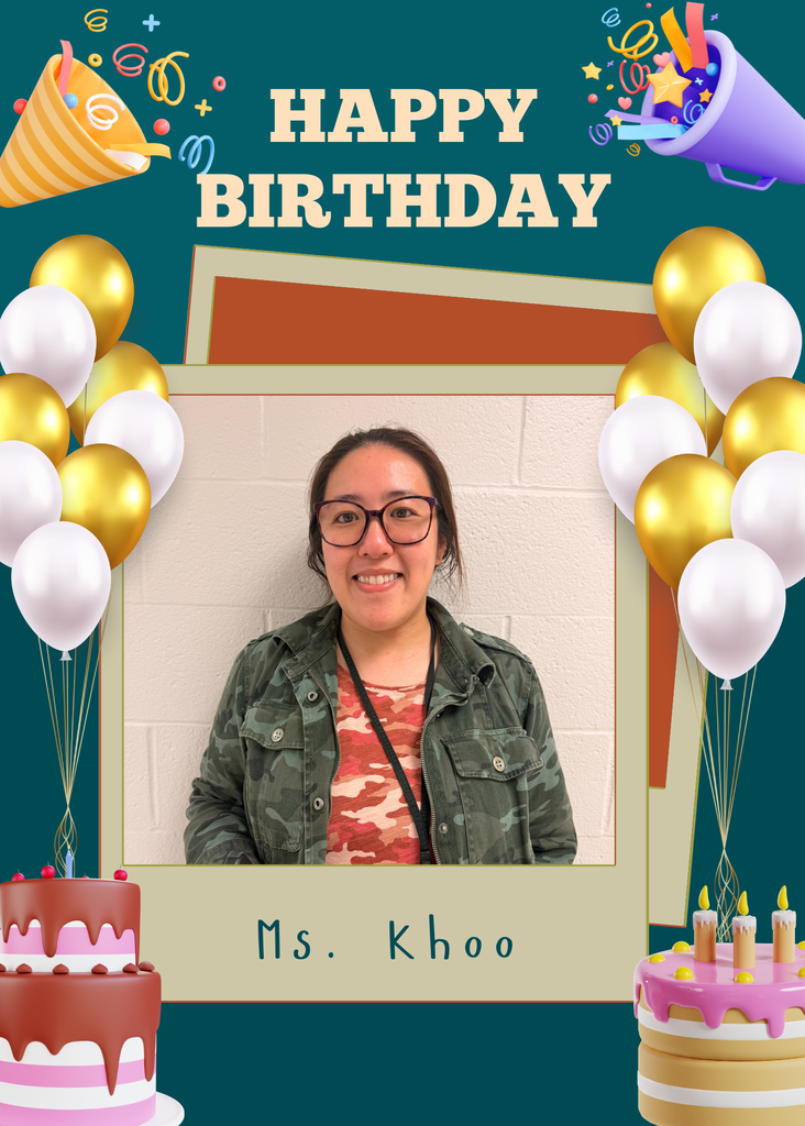 A framed photo of a woman smiling. Behind her, balloons and two cakes with candles. Text reads "Happy Birthday" and "Ms. Khoo".