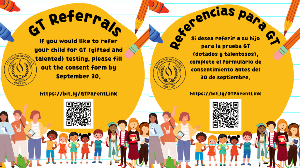 An infographic with yellow circles. It includes QR codes and text about GT referrals. Children, adults, and pencils are shown.