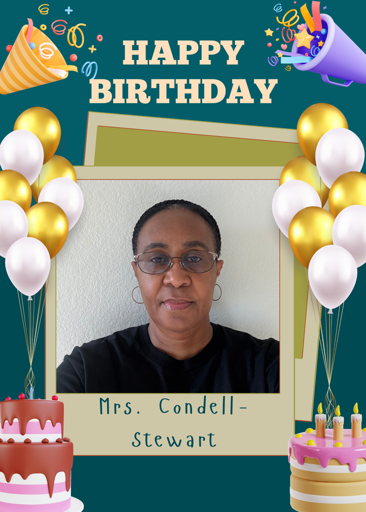 A birthday card features a photo of a woman, text "HAPPY BIRTHDAY," balloons, and two cakes. The woman wears glasses and a black shirt.