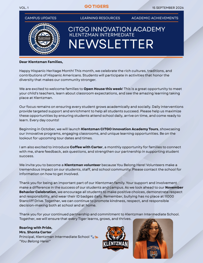 A newsletter from Klenzman Intermediate School includes updates, academic achievements, and a focus on Hispanic Heritage Month. It highlights a coffee with the principal event.