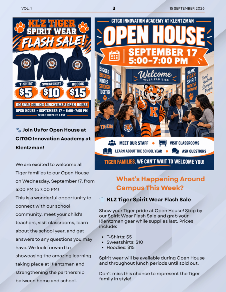 A flyer displays information about an event, with two sections. One lists the Tiger Spirit Wear Flash Sale. The other section shows people and a tiger mascot.