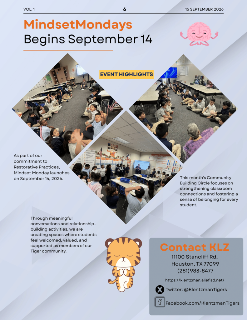 Poster titled "MindsetMondays Begins September 14" features a cat, multiple images of people, and contact details for KLZ.