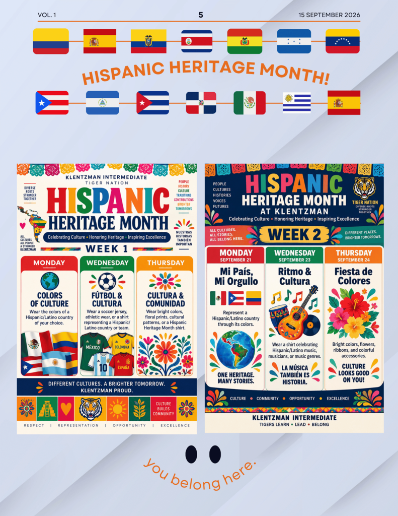 Two posters highlight "Hispanic Heritage Month" with flags of various Latin American countries, weekly activities, and cultural themes.