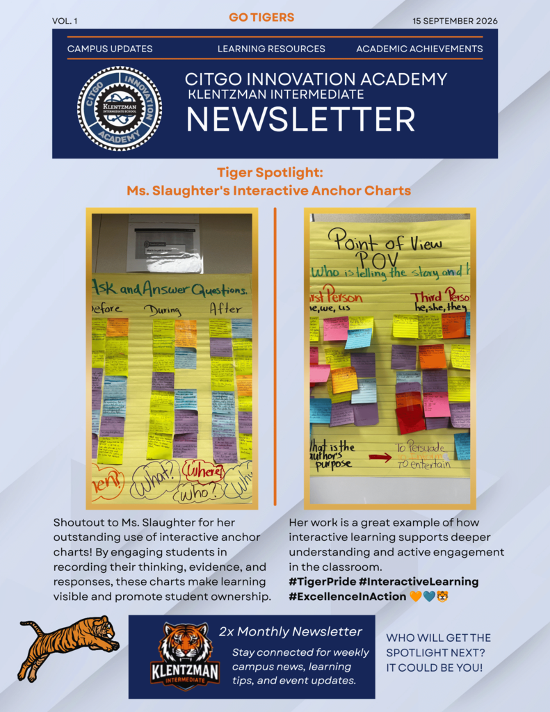 Newsletter featuring an interactive anchor chart with colorful sticky notes, promoting active engagement and visibility in learning.