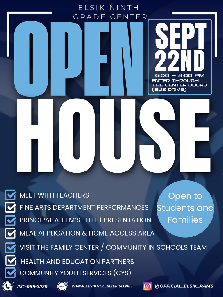 Blue background. White text. "OPEN HOUSE" and "SEPT 22ND" are large. Smaller text includes event details.