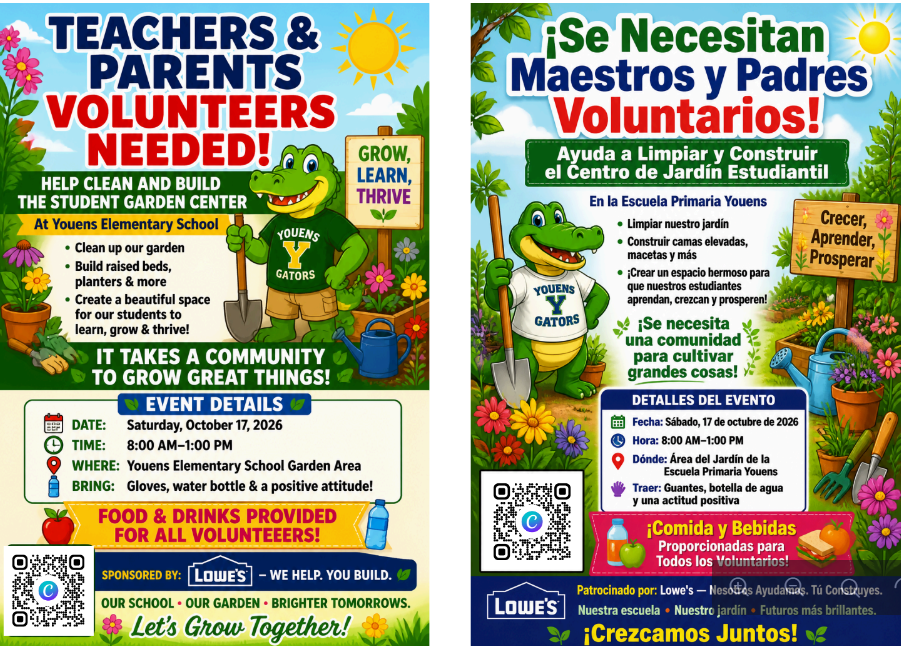 Two sides of a flyer for volunteers. Text and images of a garden and animals. One side in English, the other in Spanish.
