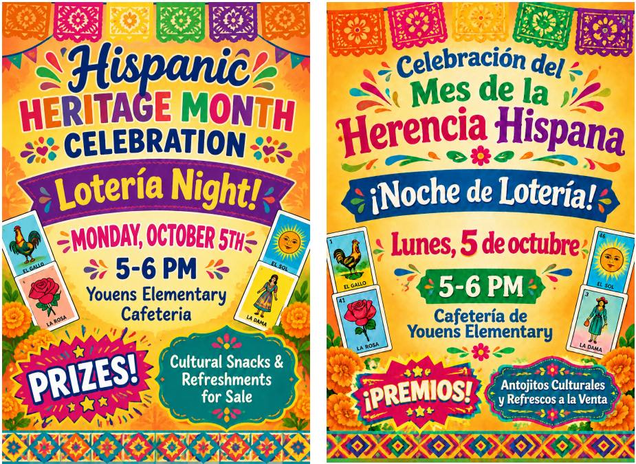 Two posters for a Hispanic Heritage Month event on October 5. One poster in English, the other in Spanish. Event includes a lottery night, snacks, refreshments, and cultural activities.