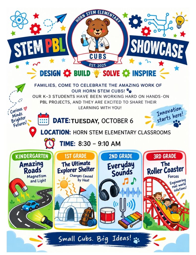 Poster advertises a STEM PBL Showcase with design, build, solve, and inspire. Date and location details are provided.