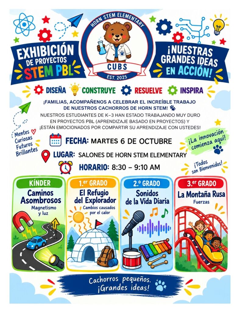 Poster for a STEM exhibition event. It includes dates, times, and sections for different grade levels. Each section has a unique theme.