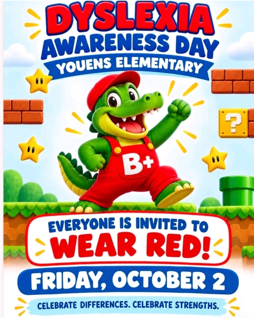 Gator in Nintendo super hero like attire wearing red for dyslexia awareness flyer