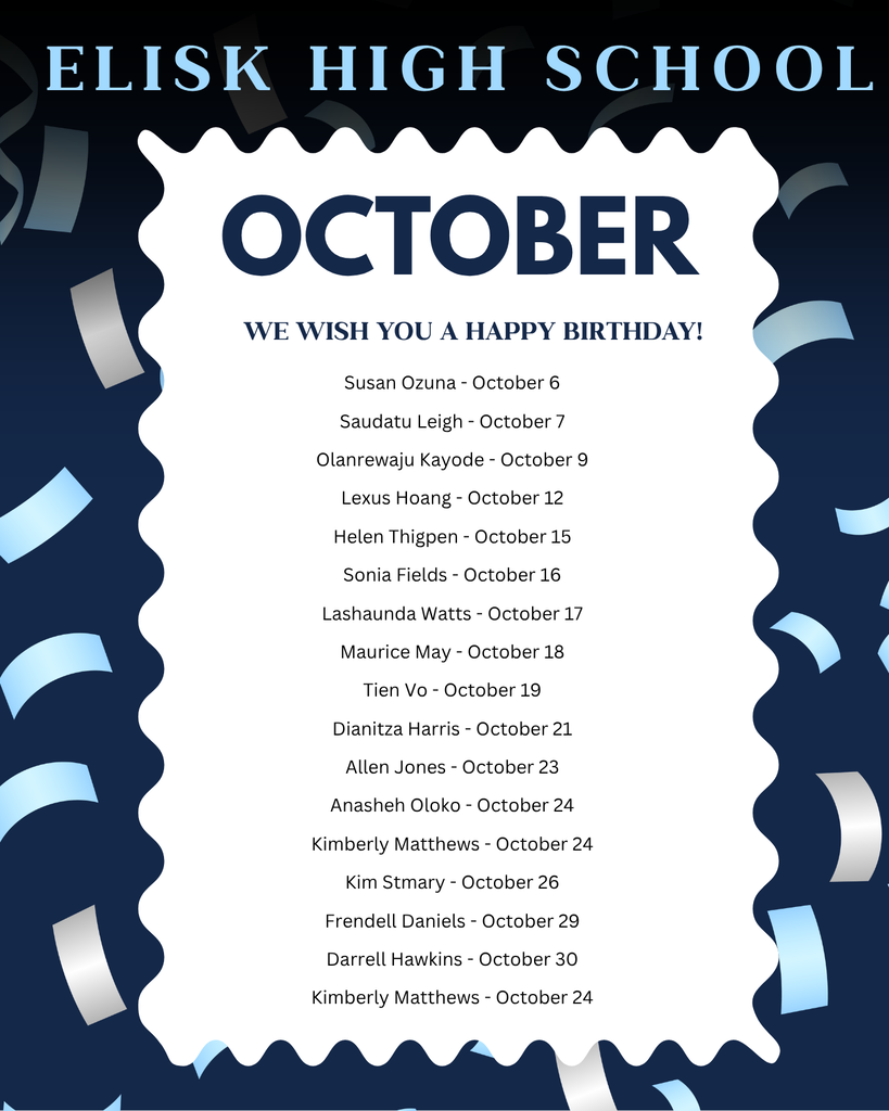 Blue and white birthday poster lists names and dates. Names include Susan Ozuna, Saudatu Leigh, and others.