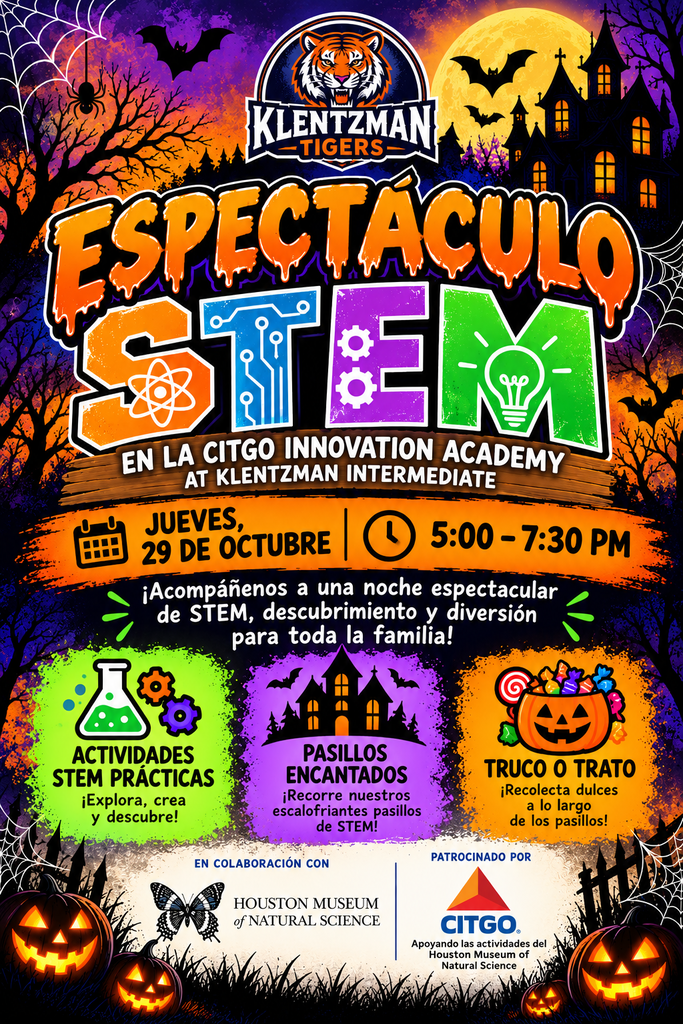 Event poster for "Espectáculo STEM" with tigers, pumpkins, and bats in the background. It includes activities, a full moon, and a castle.