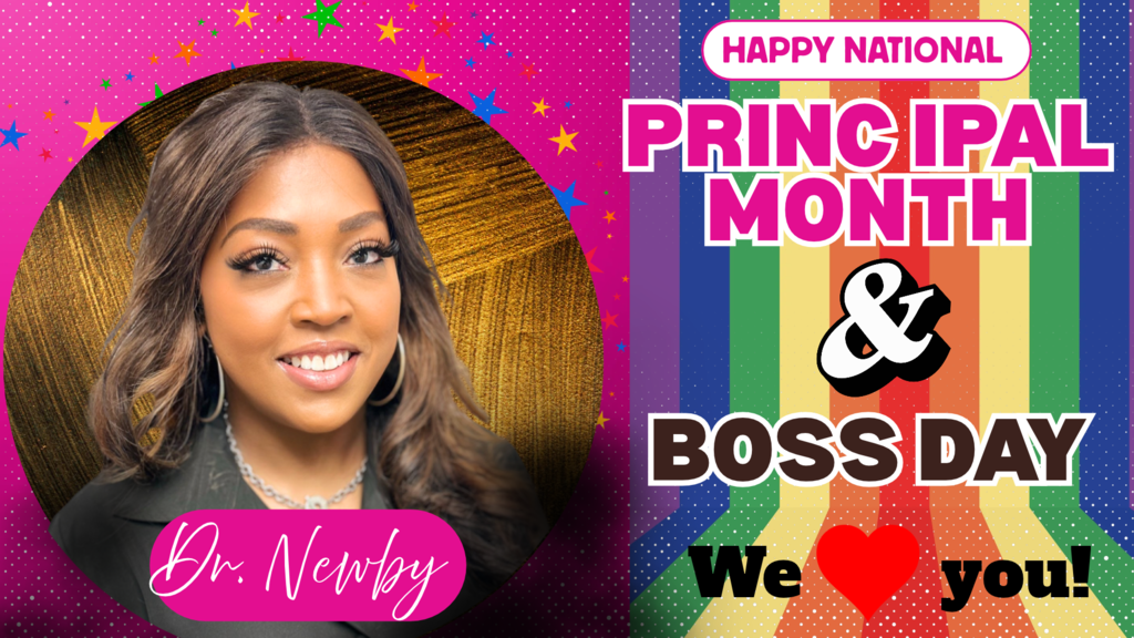 A smiling woman in a black suit and earrings. Text says "Happy National Principal Month & Boss Day. We love you!"