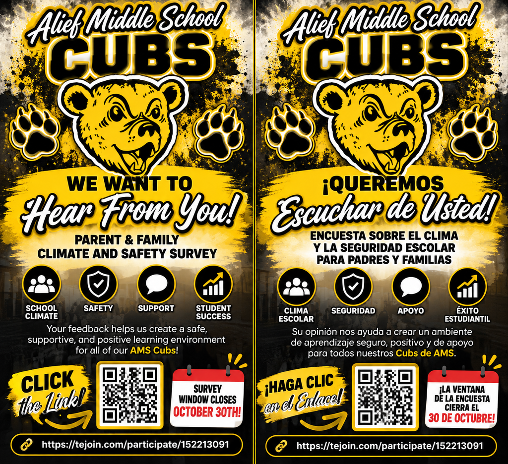 Two posters. Both feature a yellow wolf and the words "Alief Middle School" and "Cubs". Text reads "We want to hear from you!" and "¡Queremos escuchar de usted!"