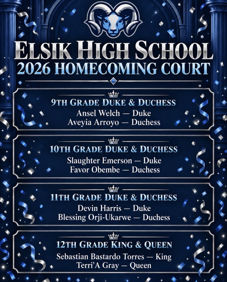 A blue-themed poster announcing the 2026 homecoming court for Elsik High School with the court members listed.