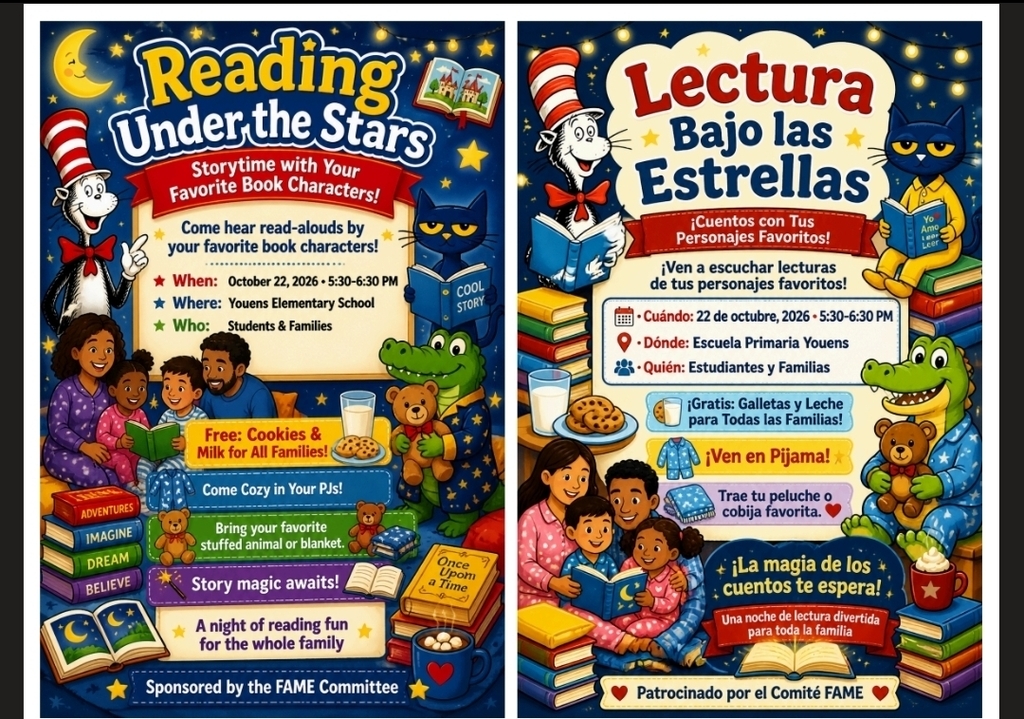 reading under stars flyer in english and Spanish.  flyer has famous book characters, a family reading a d gator with a stuffy
