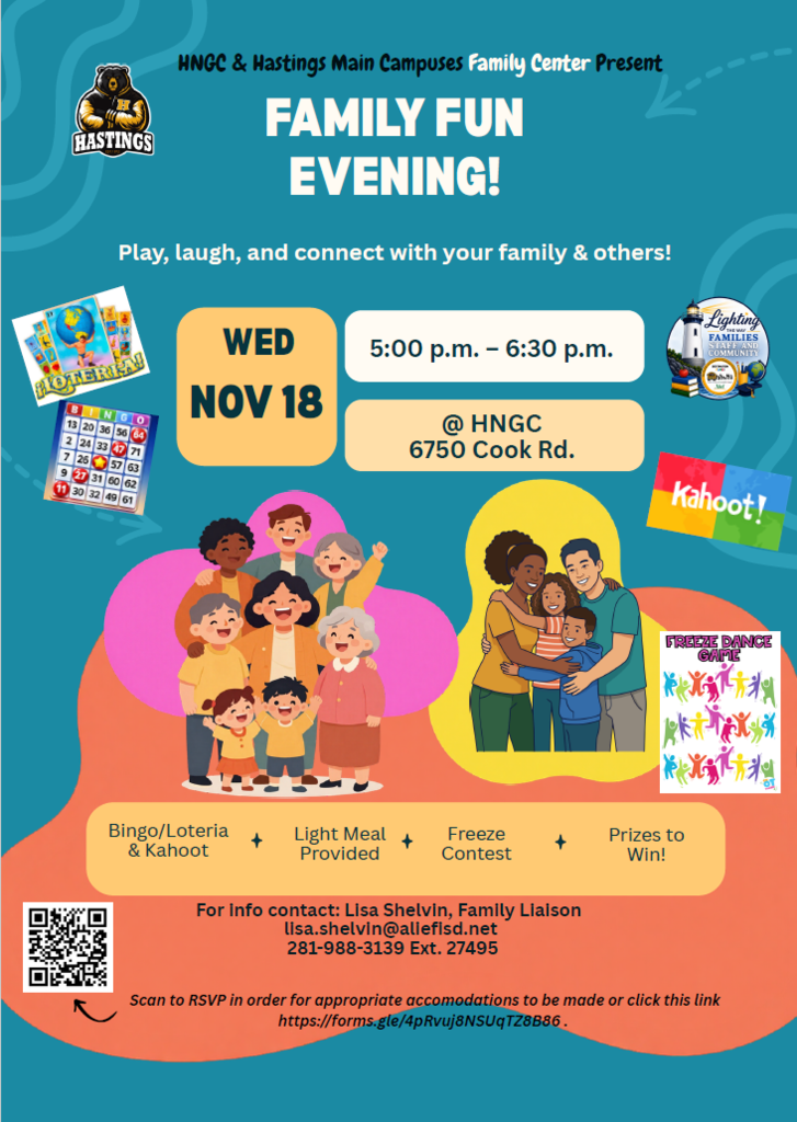 Poster with an image of families and children. Text reads "Family Fun Evening!" along with date, time, and location.