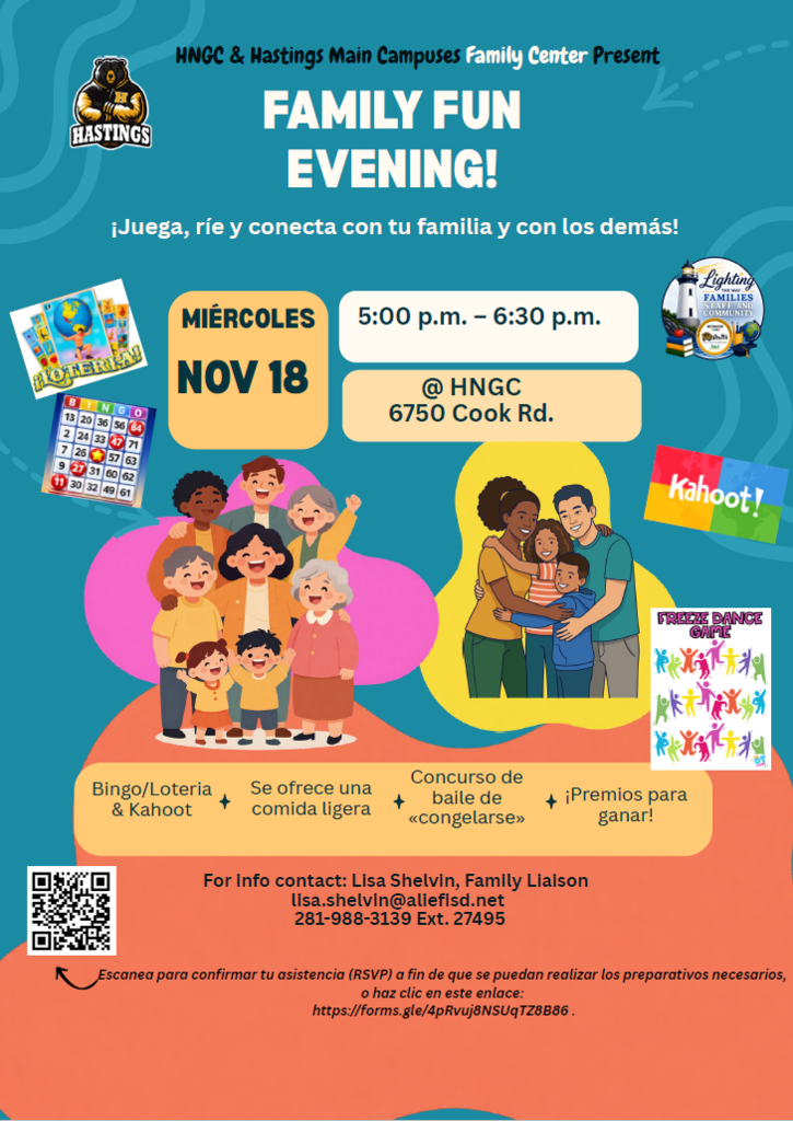Poster with a group of children and adults around a table with a QR code. Text reads Family Fun Evening.