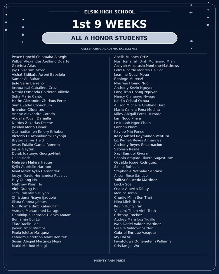 Blue background with white text. "Elsik High School 1st 9 Weeks All Honor Students" heading. Two columns with names of students.