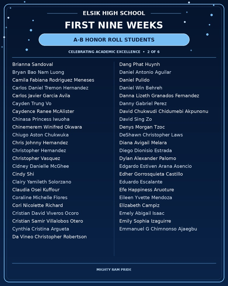 Blue background with white text listing names of students. "Elsik High School First Nine Weeks" and "A-B Honor Roll Students" are at the top.
