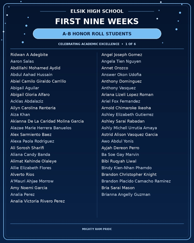 Blue background with white text. First section reads "Elsik High School First Nine Weeks". Second section reads "A-B Honor Roll Students".