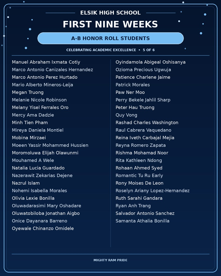 Blue background with white text reading "Elsik High School First Nine Weeks A-B Honor Roll Students." Names of students are listed below in two columns.