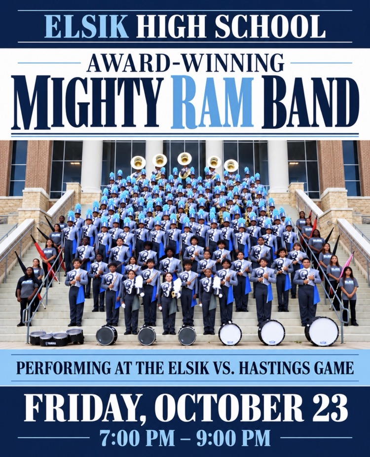 School band on steps with musical instruments. A large group of people in blue uniforms.