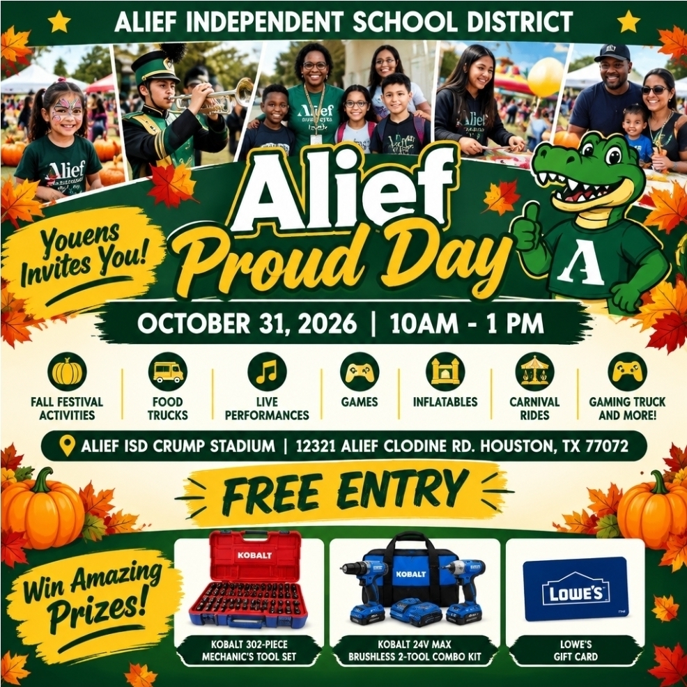 alief proud day youens flyer decorated with pumpkins, a gator and family pics