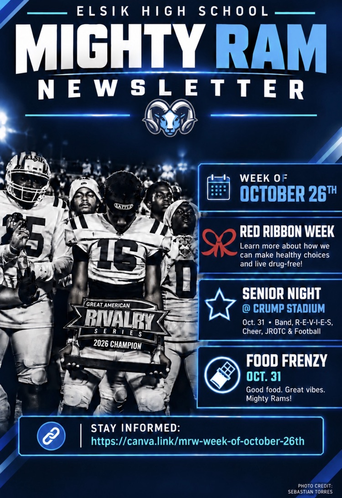 Newsletter for Elsik High School Mighty Ram with football players wearing helmets and jerseys. Events include Red Ribbon Week, Senior Night, and Food Frenzy.