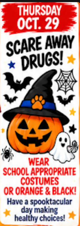 Poster with Halloween decorations. Pumpkin with a witch hat, ghost, spider, and bats. Text reads "Scare Away Drugs! Thursday Oct. 29".