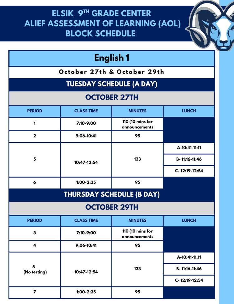 Blue and white document displays the schedule for the ninth-grade center Alief Assessment of Learning block schedule.