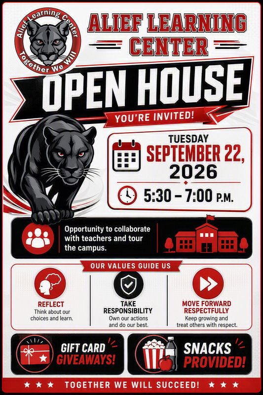 A promotional poster for an Open House event at Alief Learning Center. The poster features a panther graphic and includes details about the event scheduled for Tuesday, September 22, 2026, from 5:30 to 7:00 PM. 