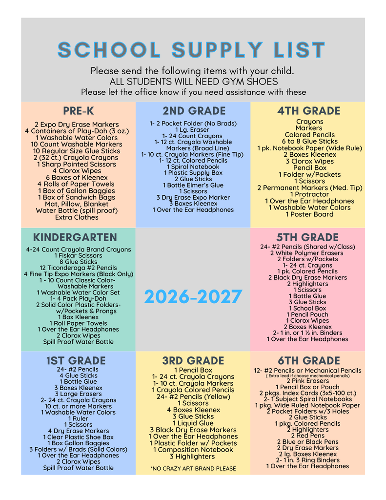 2026-27 Elementary School Supply List