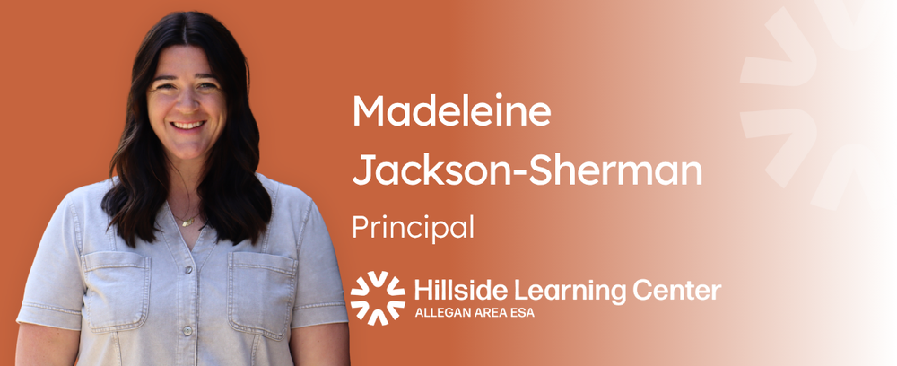 Madeleine Jackson, Principal at Hillside Learning Center smiles on an orange gradient background.