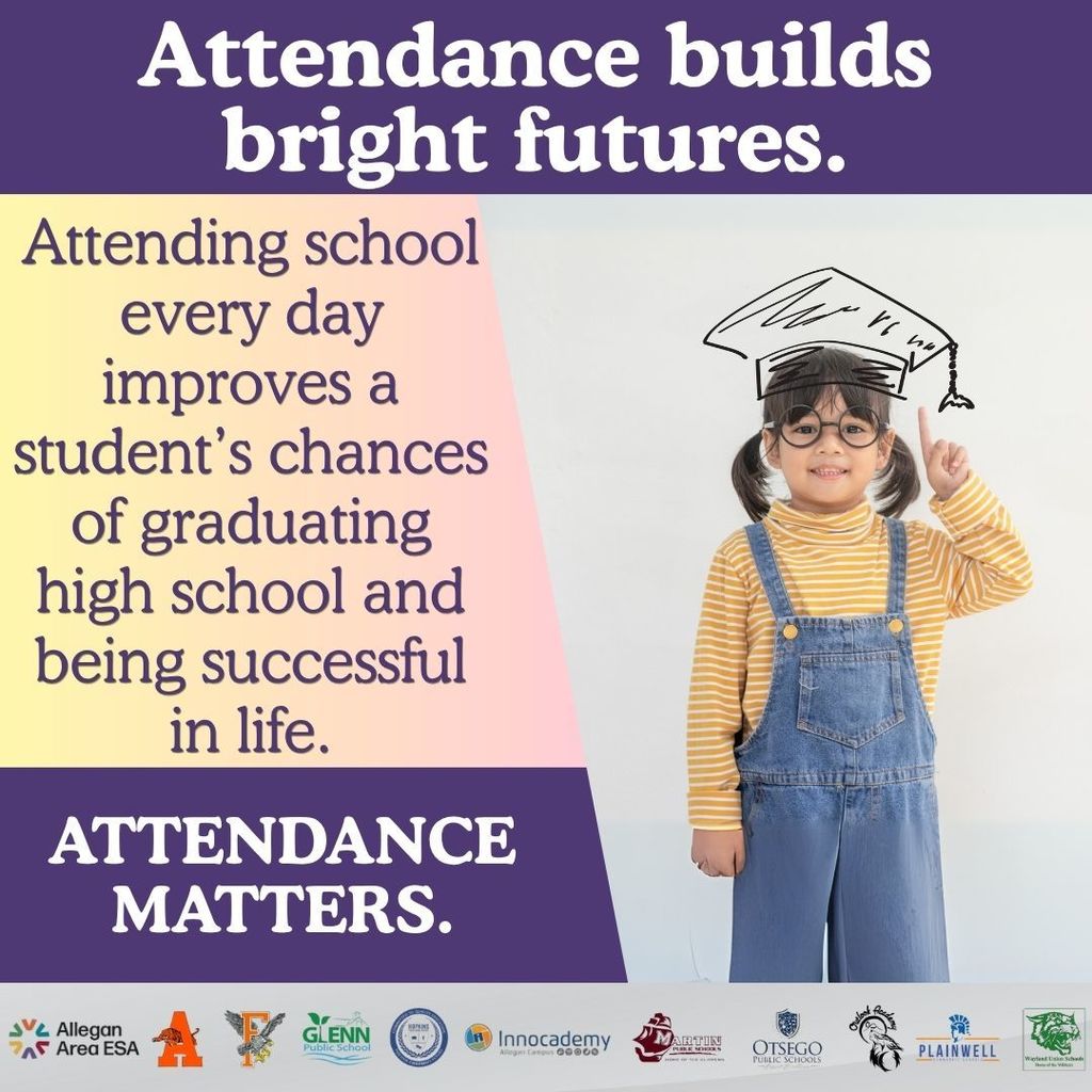 Attendance builds bright futures. Student with graduation cap.
